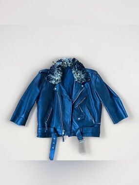 Leather Jacket Vintage Customized with Genuine Fur Collar and Hand Painting